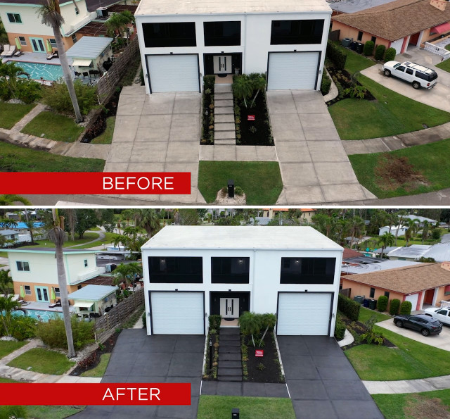 Before and after comparison of a concrete driveway transformed by Concrete Solutions & Innovations using ColorWave Steel Gray stain for a modern, sleek finish